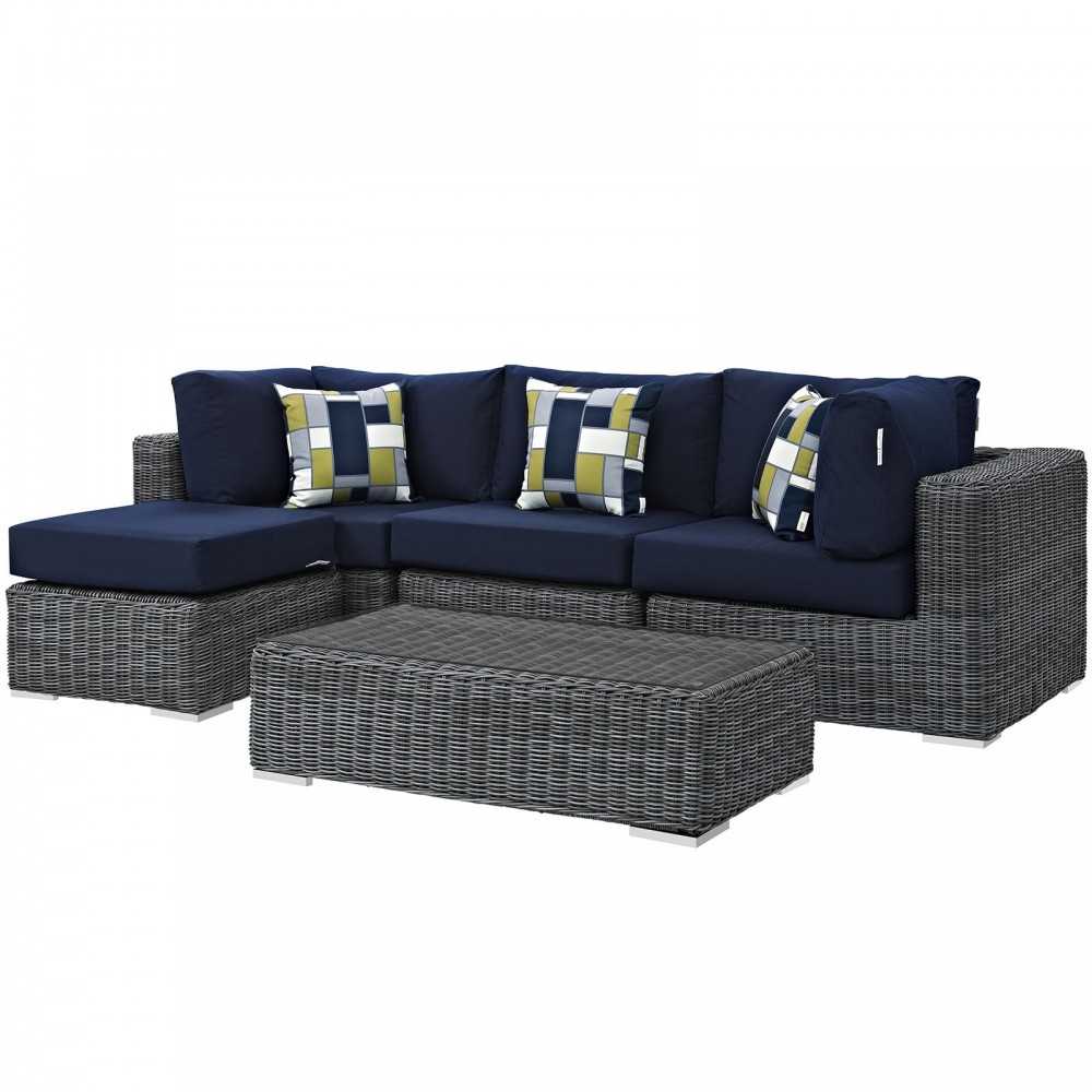 Summon 5 Piece Outdoor Patio Sunbrella Sectional Set, Canvas Navy, EEI-2398-GRY-NAV-SET