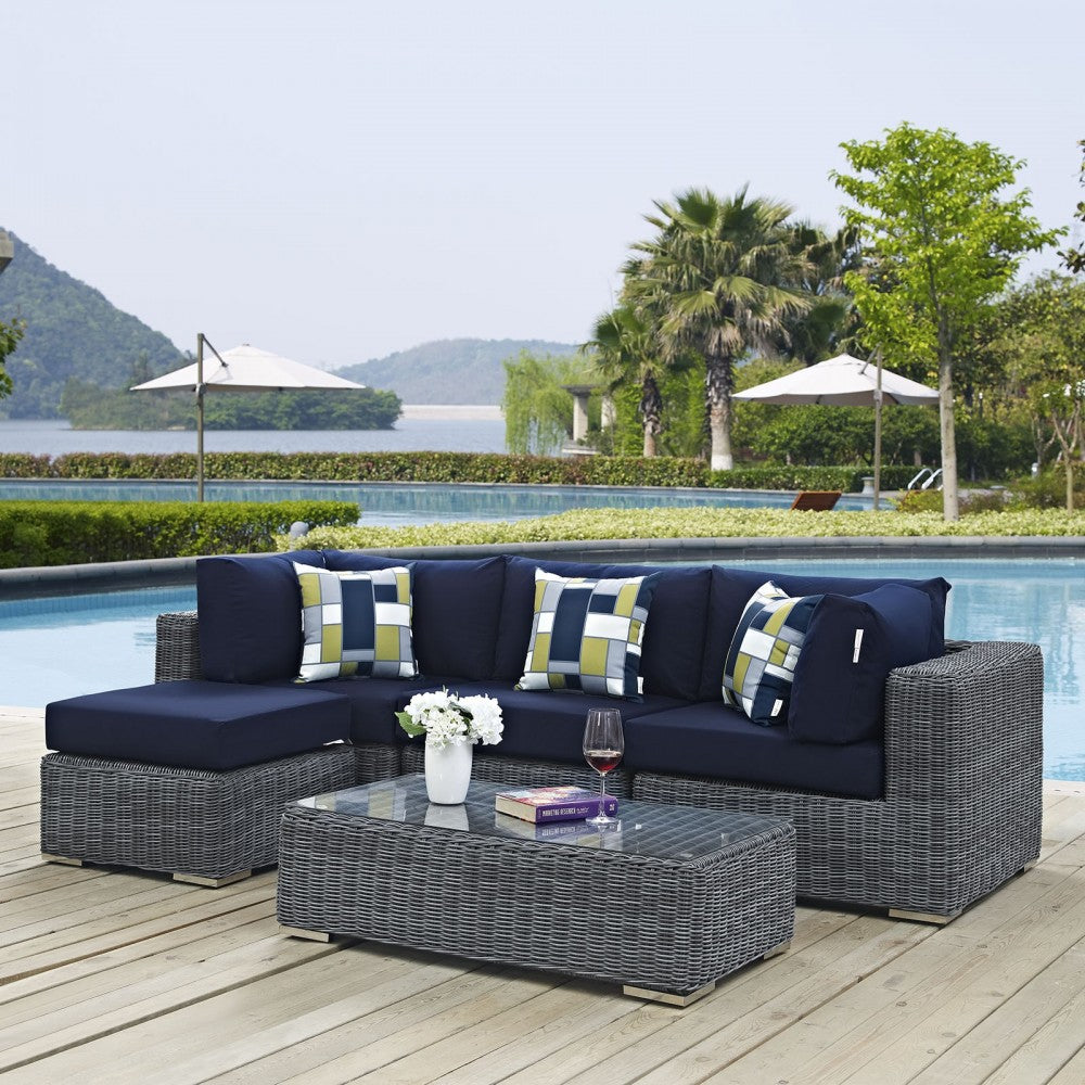 Summon 5 Piece Outdoor Patio Sunbrella Sectional Set, Canvas Navy, EEI-2398-GRY-NAV-SET