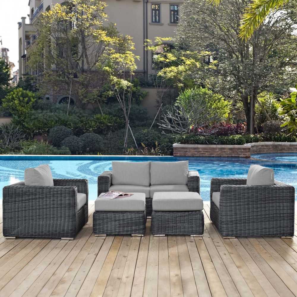 Summon 5 Piece Outdoor Patio Sunbrella Sectional Set, Canvas Gray, EEI-1893-GRY-GRY-SET