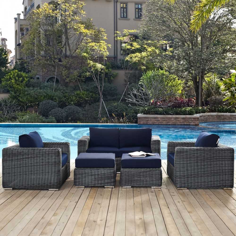 Summon 5 Piece Outdoor Patio Sunbrella Sectional Set, Canvas Navy, EEI-1893-GRY-NAV-SET