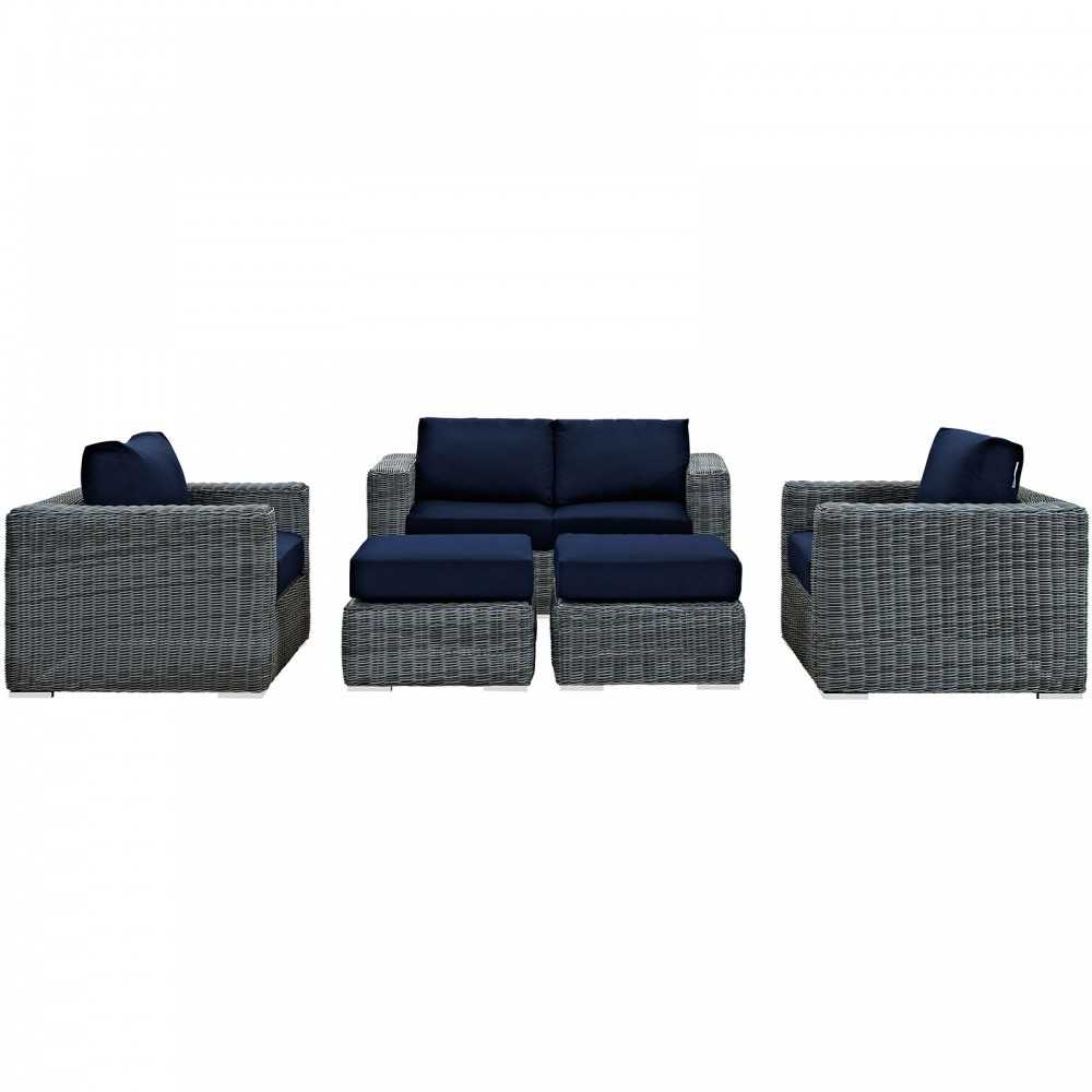 Summon 5 Piece Outdoor Patio Sunbrella Sectional Set, Canvas Navy, EEI-1893-GRY-NAV-SET