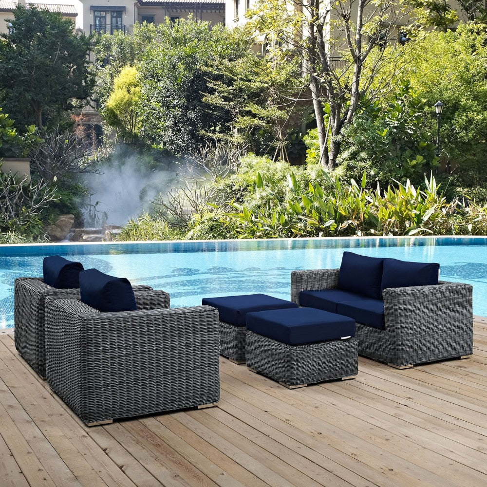 Summon 5 Piece Outdoor Patio Sunbrella Sectional Set, Canvas Navy, EEI-1893-GRY-NAV-SET