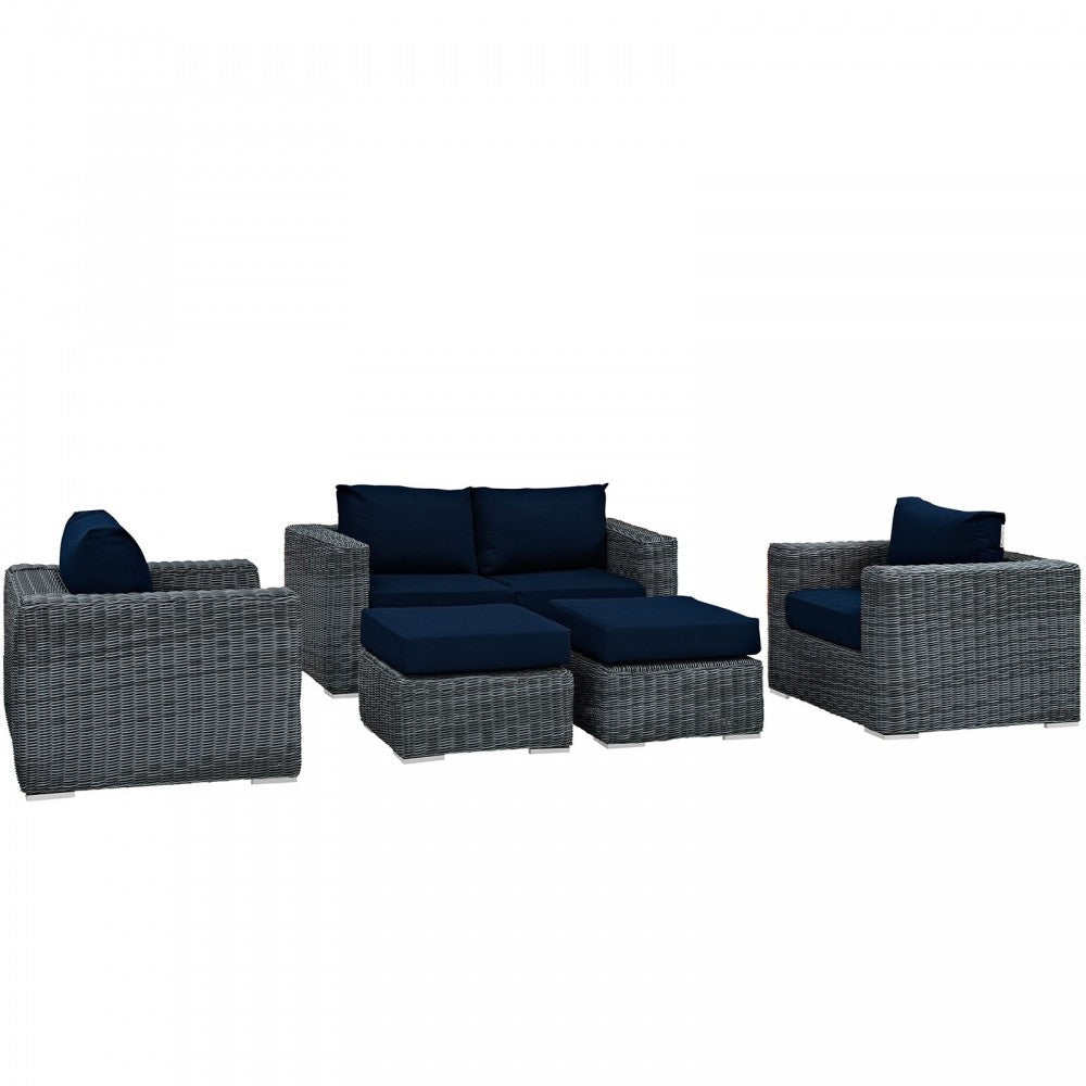 Summon 5 Piece Outdoor Patio Sunbrella Sectional Set, Canvas Navy, EEI-1893-GRY-NAV-SET