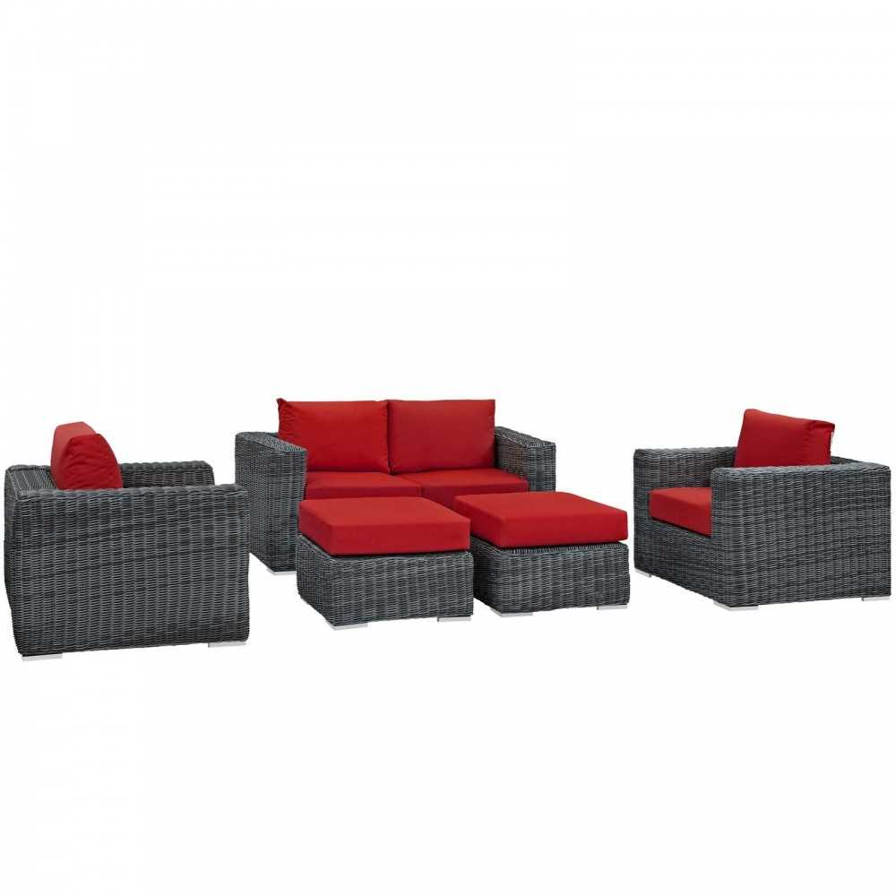 Summon 5 Piece Outdoor Patio Sunbrella Sectional Set, Canvas Red, EEI-1893-GRY-RED-SET