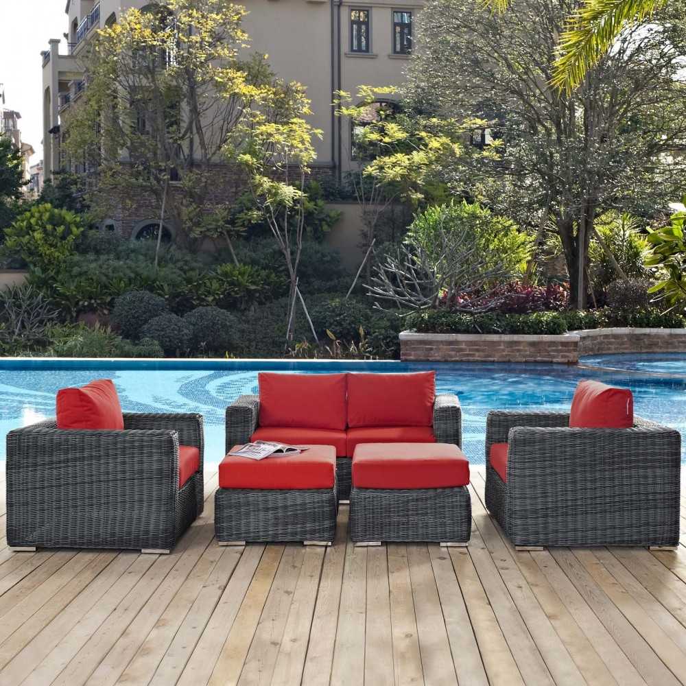 Summon 5 Piece Outdoor Patio Sunbrella Sectional Set, Canvas Red, EEI-1893-GRY-RED-SET