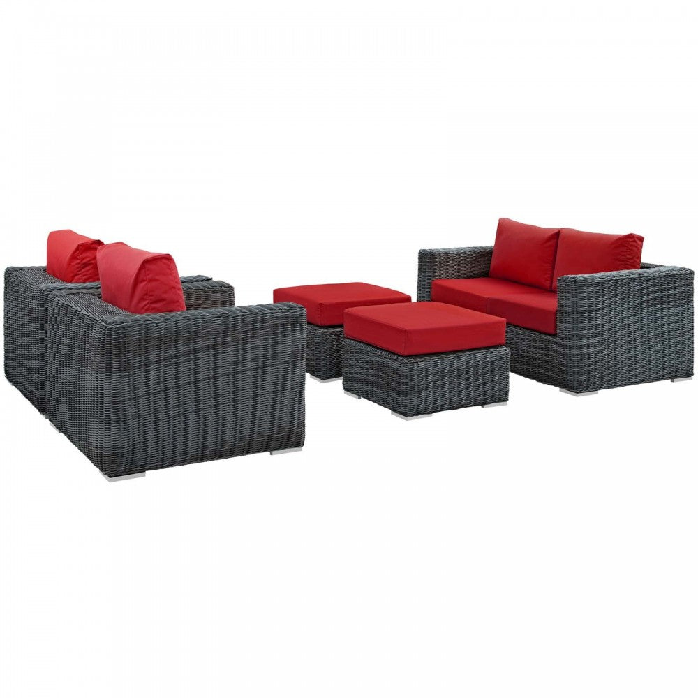 Summon 5 Piece Outdoor Patio Sunbrella Sectional Set, Canvas Red, EEI-1893-GRY-RED-SET