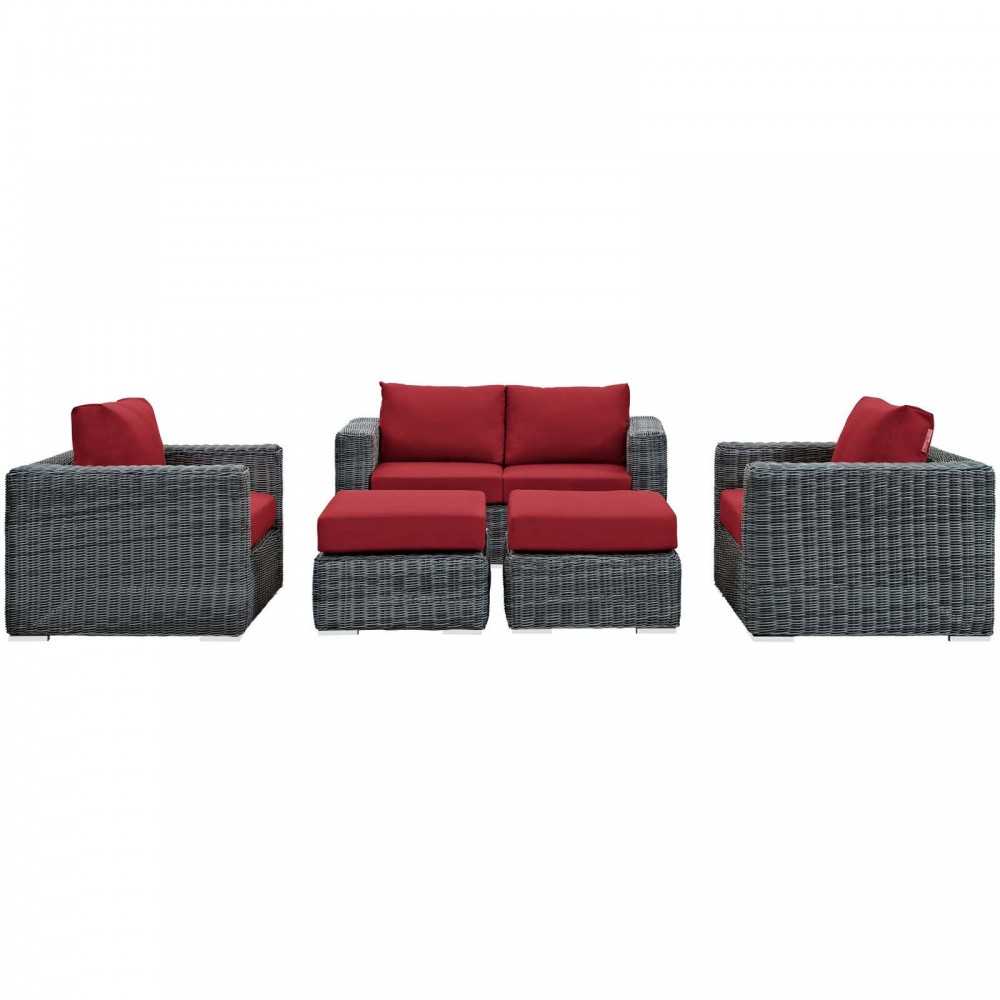 Summon 5 Piece Outdoor Patio Sunbrella Sectional Set, Canvas Red, EEI-1893-GRY-RED-SET