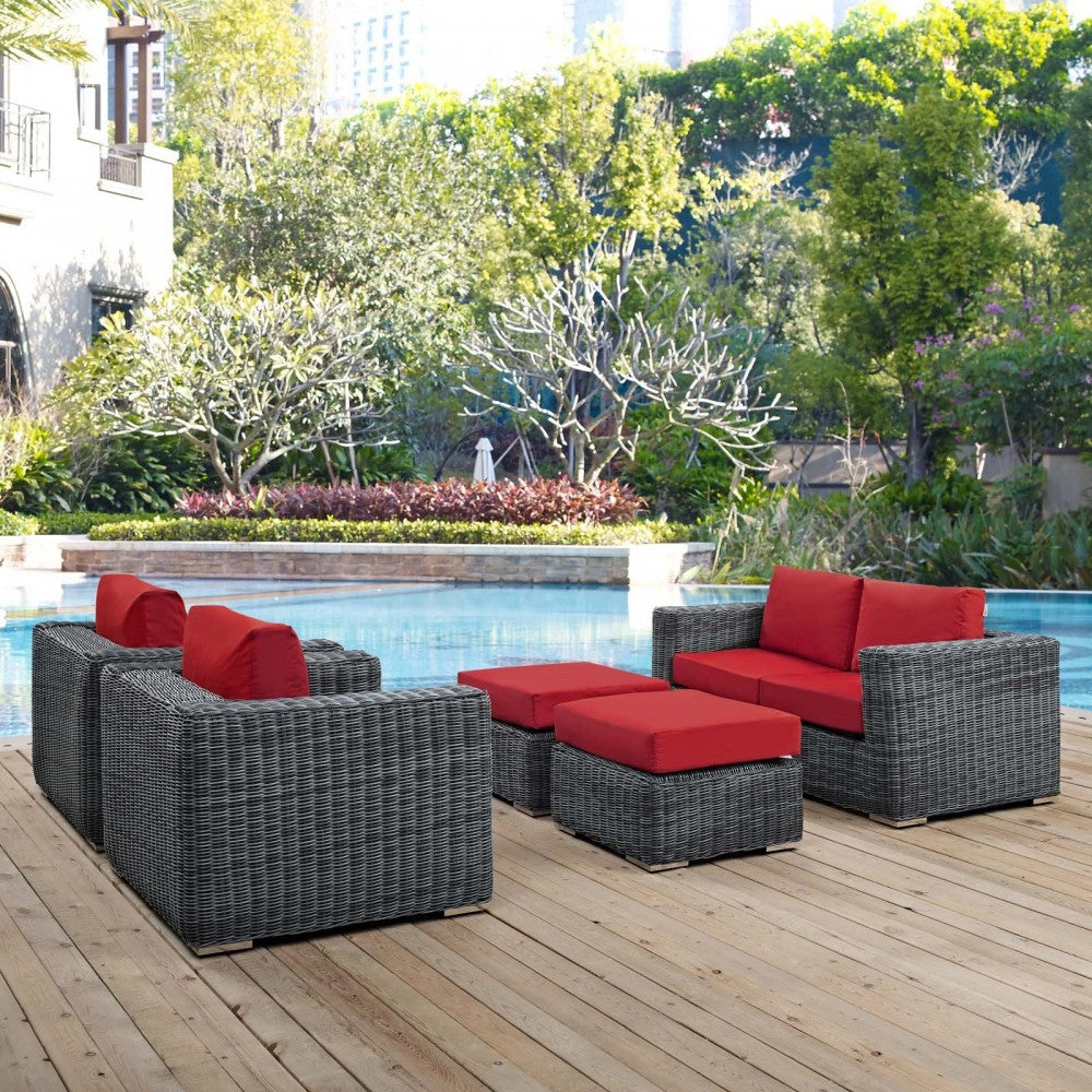 Summon 5 Piece Outdoor Patio Sunbrella Sectional Set, Canvas Red, EEI-1893-GRY-RED-SET