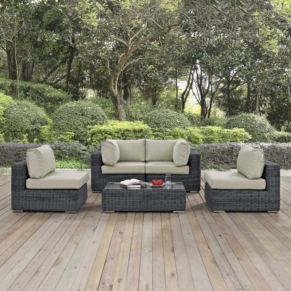 Summon 5 Piece Outdoor Patio Sunbrella Sectional Set, Canvas Antique Beige, EEI-1896-GRY-BEI-SET