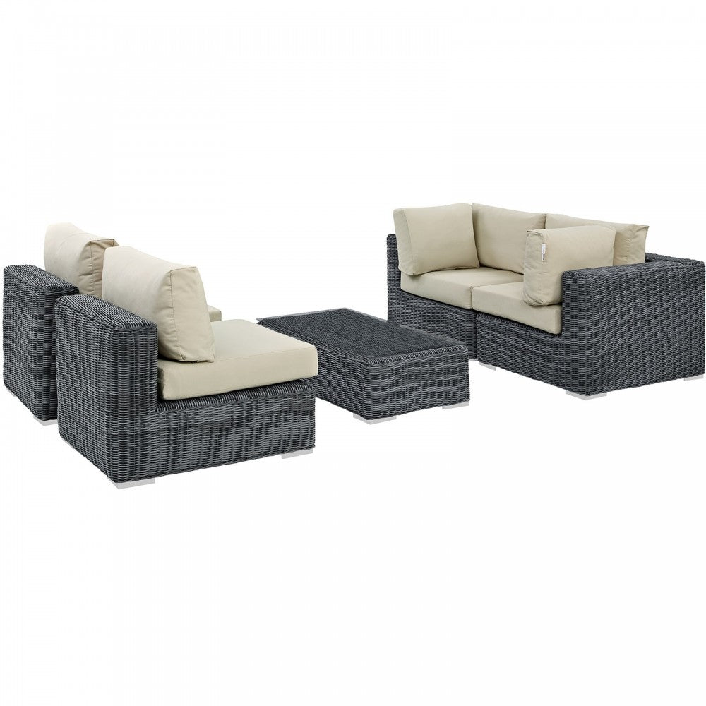 Summon 5 Piece Outdoor Patio Sunbrella Sectional Set, Canvas Antique Beige, EEI-1896-GRY-BEI-SET