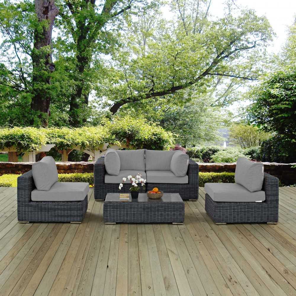Summon 5 Piece Outdoor Patio Sunbrella Sectional Set, Canvas Gray, EEI-1896-GRY-GRY-SET