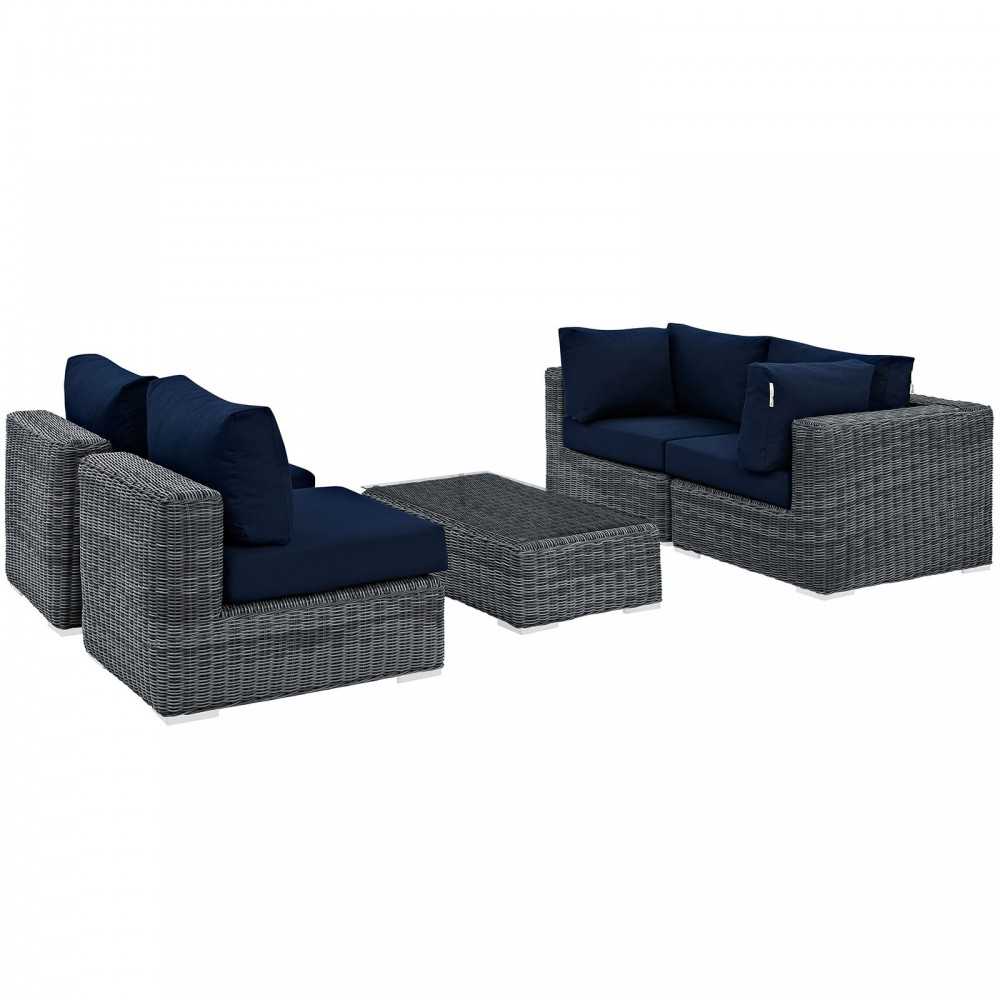 Summon 5 Piece Outdoor Patio Sunbrella Sectional Set, Canvas Navy, EEI-1896-GRY-NAV-SET