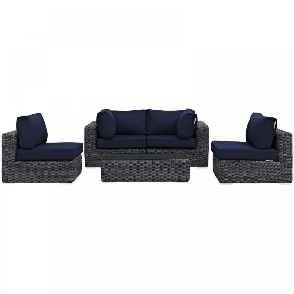 Summon 5 Piece Outdoor Patio Sunbrella Sectional Set, Canvas Navy, EEI-1896-GRY-NAV-SET