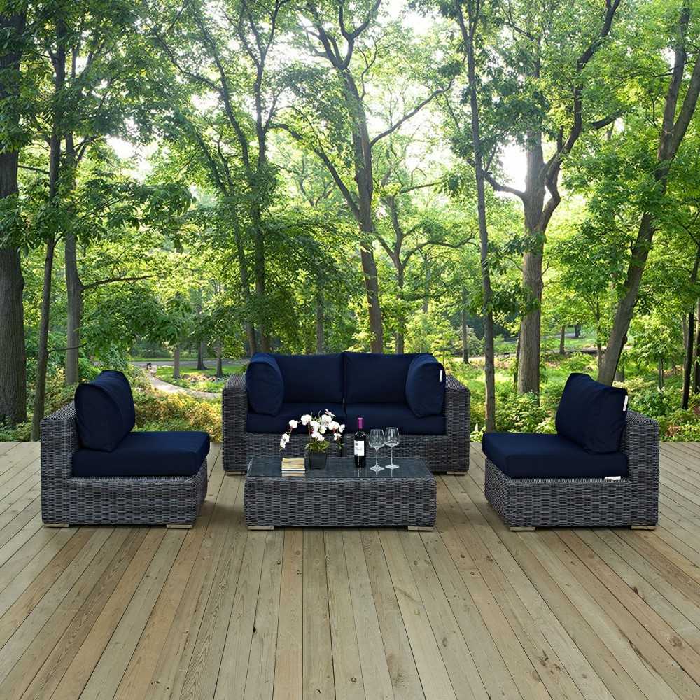 Summon 5 Piece Outdoor Patio Sunbrella Sectional Set, Canvas Navy, EEI-1896-GRY-NAV-SET