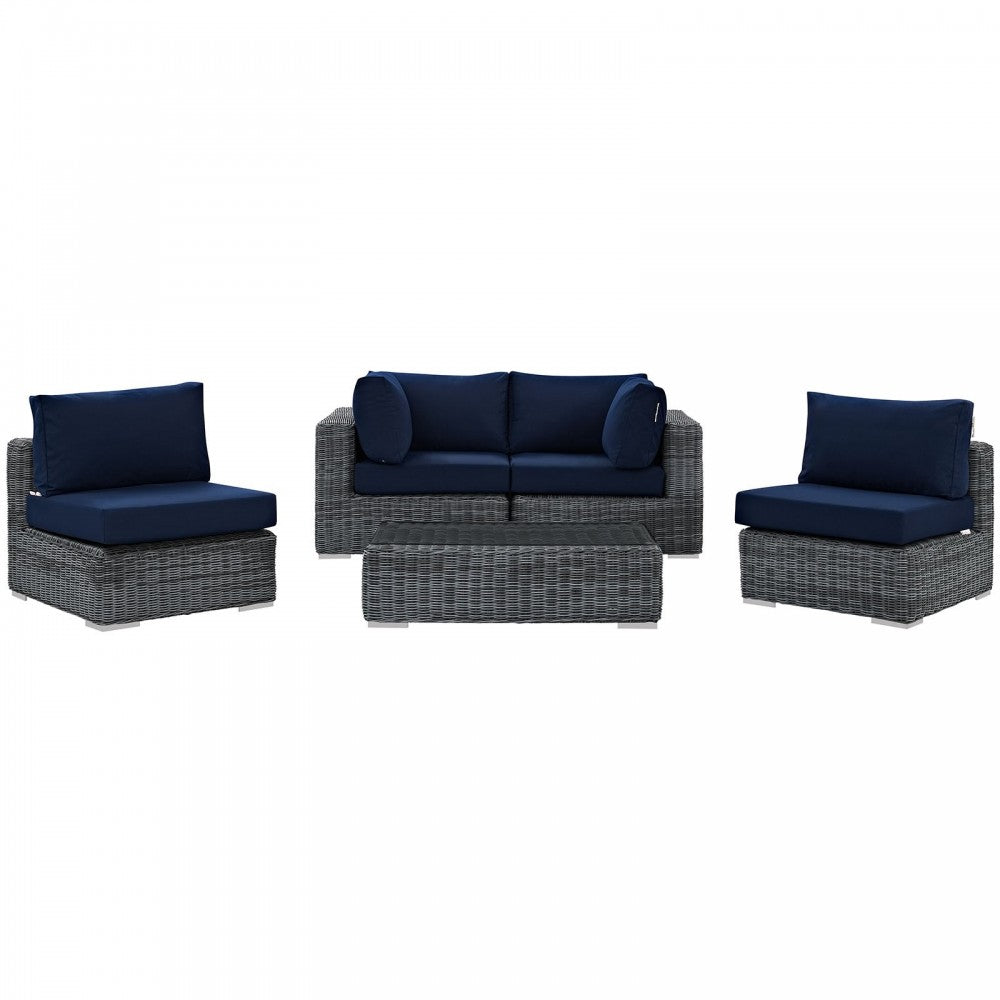 Summon 5 Piece Outdoor Patio Sunbrella Sectional Set, Canvas Navy, EEI-1896-GRY-NAV-SET