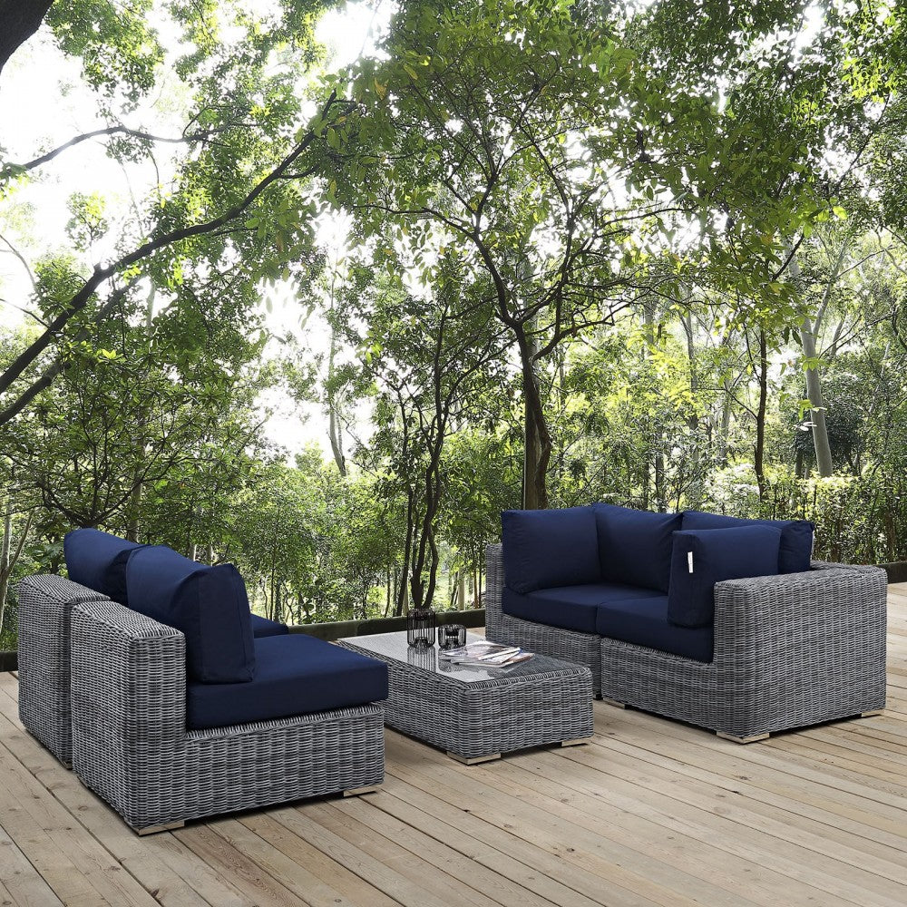 Summon 5 Piece Outdoor Patio Sunbrella Sectional Set, Canvas Navy, EEI-1896-GRY-NAV-SET