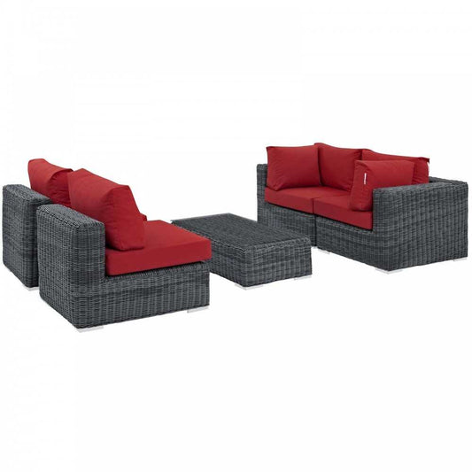 Summon 5 Piece Outdoor Patio Sunbrella Sectional Set, Canvas Red, EEI-1896-GRY-RED-SET