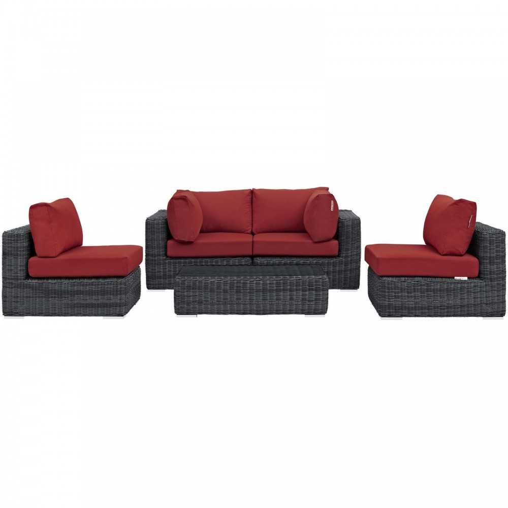Summon 5 Piece Outdoor Patio Sunbrella Sectional Set, Canvas Red, EEI-1896-GRY-RED-SET