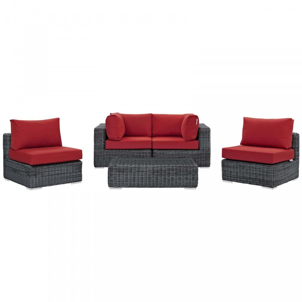 Summon 5 Piece Outdoor Patio Sunbrella Sectional Set, Canvas Red, EEI-1896-GRY-RED-SET