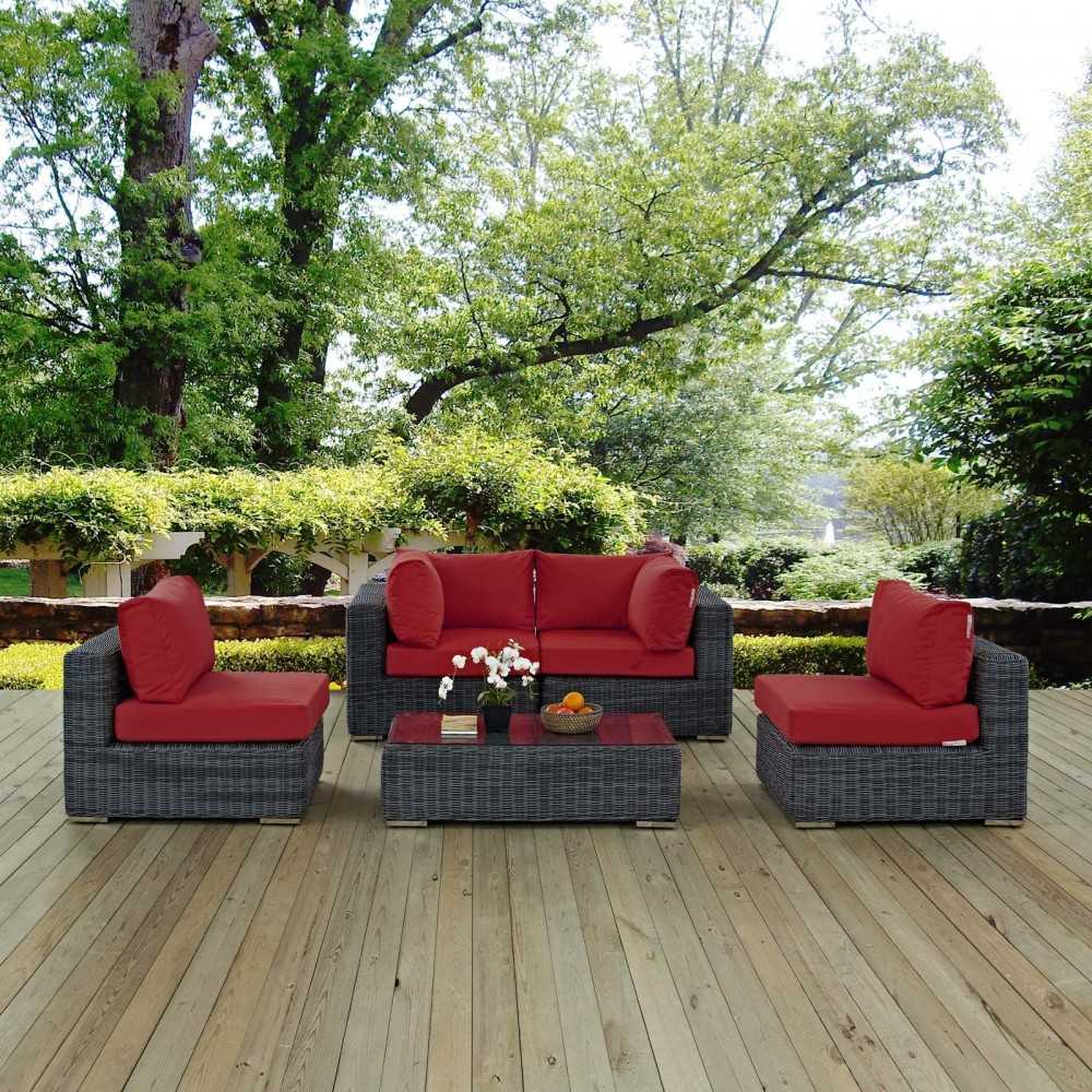 Summon 5 Piece Outdoor Patio Sunbrella Sectional Set, Canvas Red, EEI-1896-GRY-RED-SET