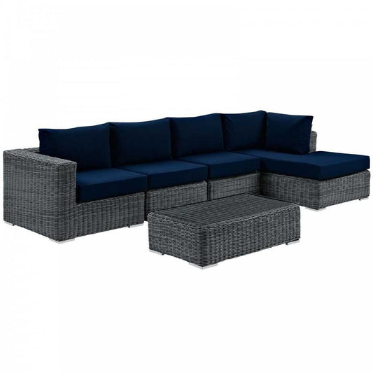 Summon 5 Piece Outdoor Patio Sunbrella Sectional Set, Canvas Navy, EEI-1900-GRY-NAV-SET