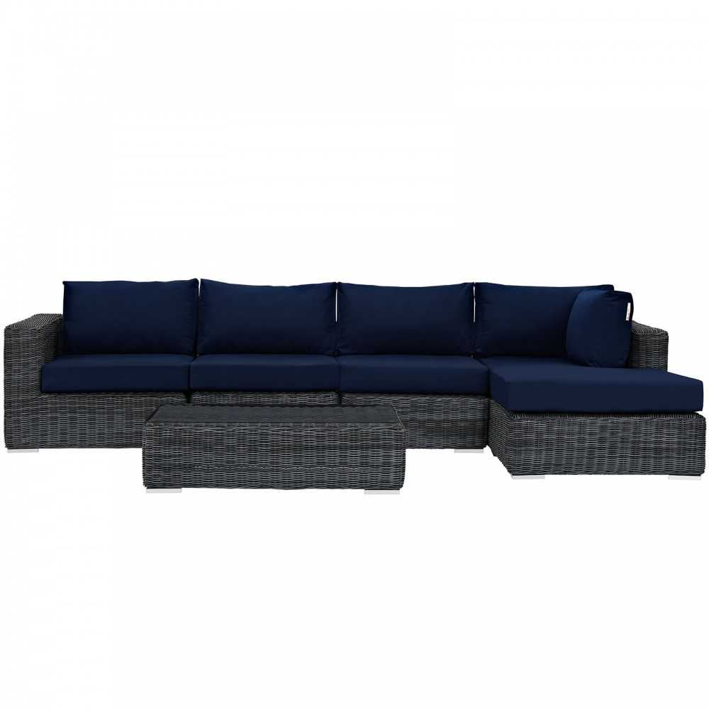 Summon 5 Piece Outdoor Patio Sunbrella Sectional Set, Canvas Navy, EEI-1900-GRY-NAV-SET