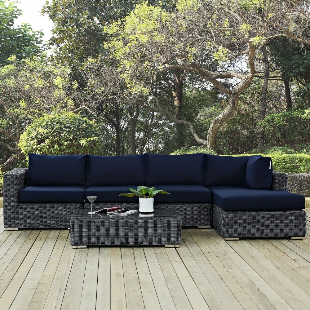 Summon 5 Piece Outdoor Patio Sunbrella Sectional Set, Canvas Navy, EEI-1900-GRY-NAV-SET