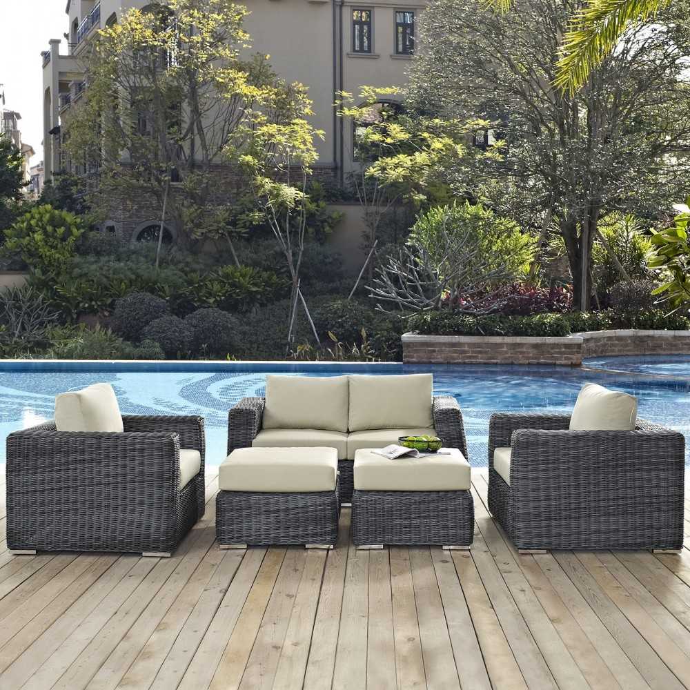 Summon 5 Piece Outdoor Patio Sunbrella Sectional Set, Canvas Antique Beige, EEI-1893-GRY-BEI-SET