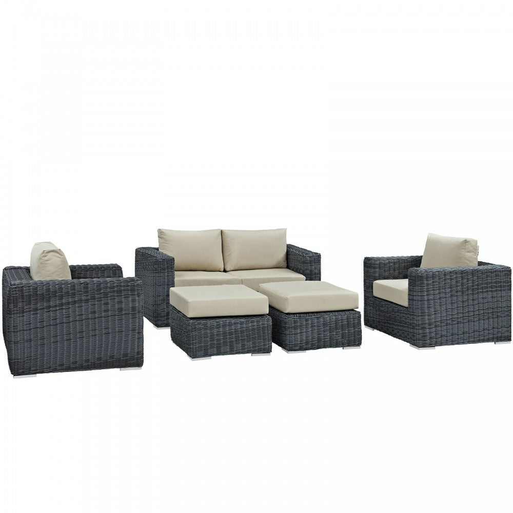 Summon 5 Piece Outdoor Patio Sunbrella Sectional Set, Canvas Antique Beige, EEI-1893-GRY-BEI-SET