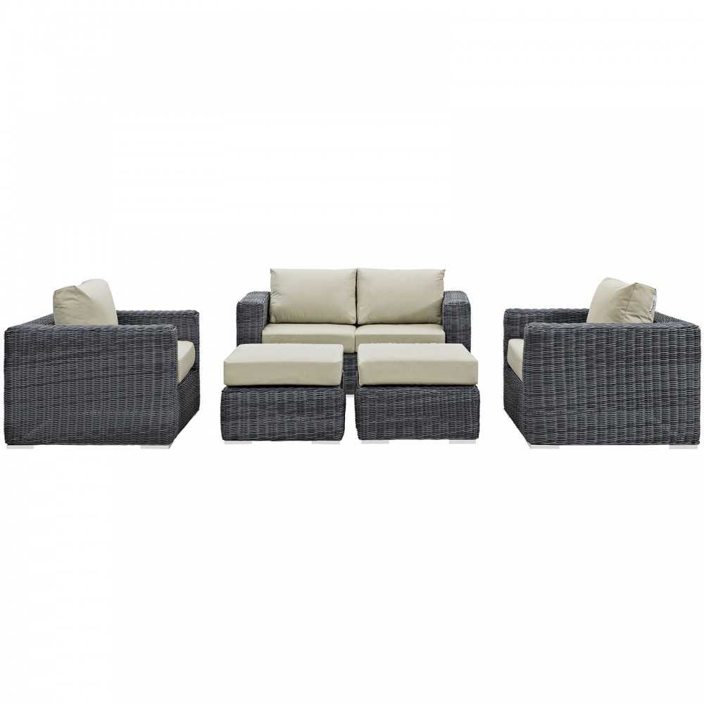 Summon 5 Piece Outdoor Patio Sunbrella Sectional Set, Canvas Antique Beige, EEI-1893-GRY-BEI-SET
