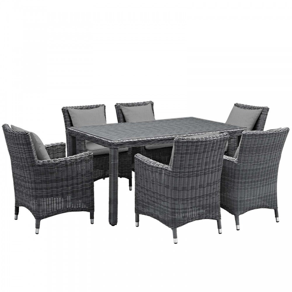 Summon 7 Piece Outdoor Patio Sunbrella Dining Set, Canvas Gray