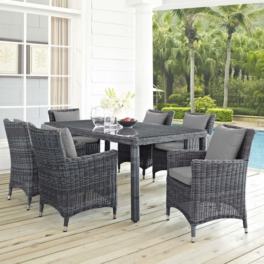 Summon 7 Piece Outdoor Patio Sunbrella Dining Set, Canvas Gray