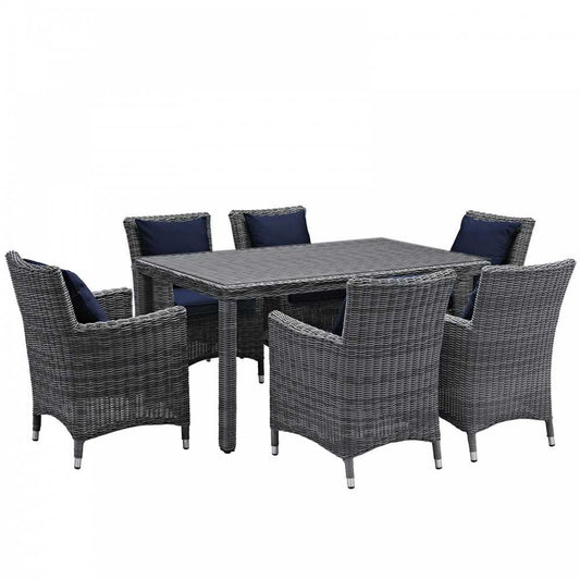 Summon 7 Piece Outdoor Patio Sunbrella Dining Set, Canvas Navy