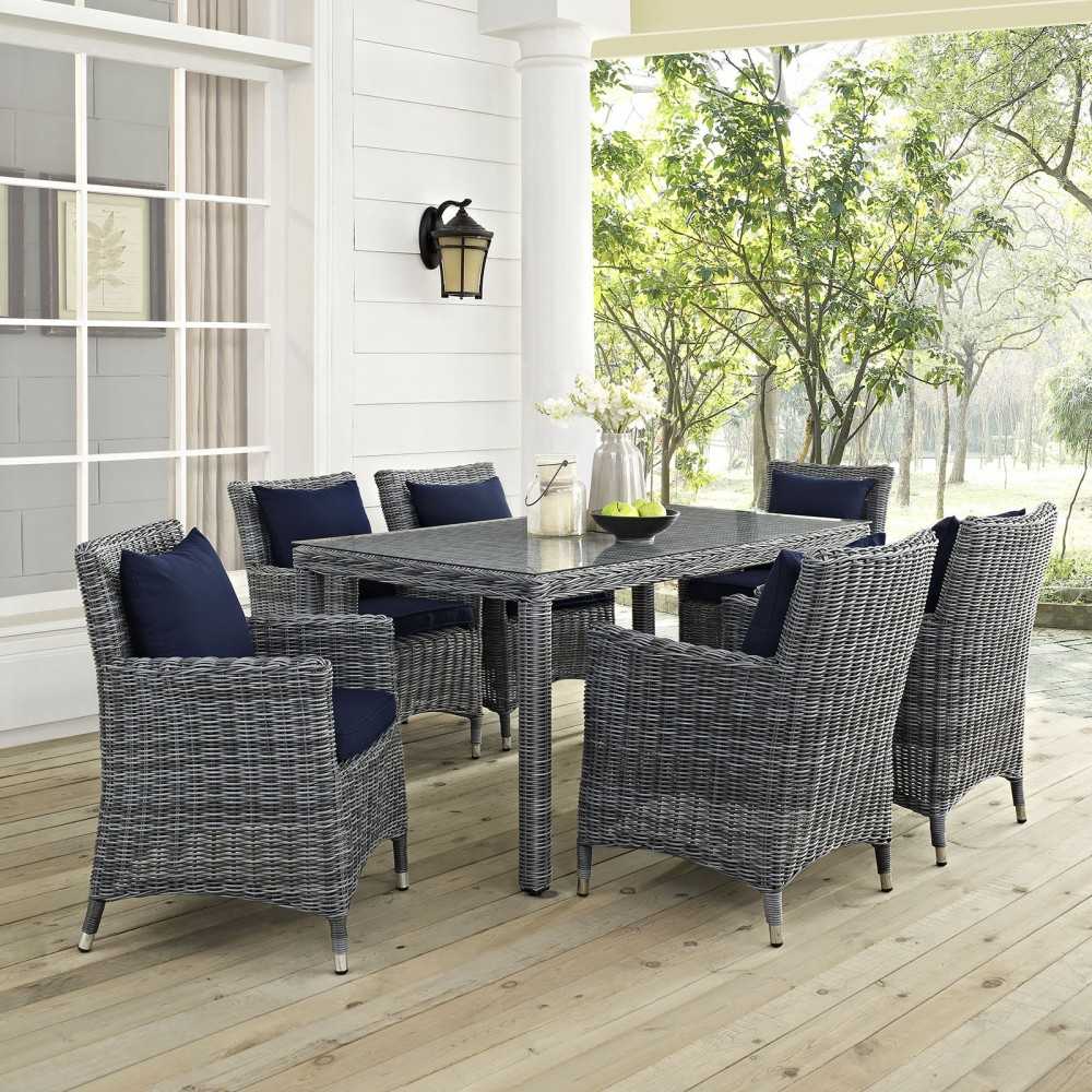 Summon 7 Piece Outdoor Patio Sunbrella Dining Set, Canvas Navy