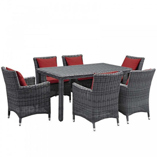 Summon 7 Piece Outdoor Patio Sunbrella Dining Set, Canvas Red
