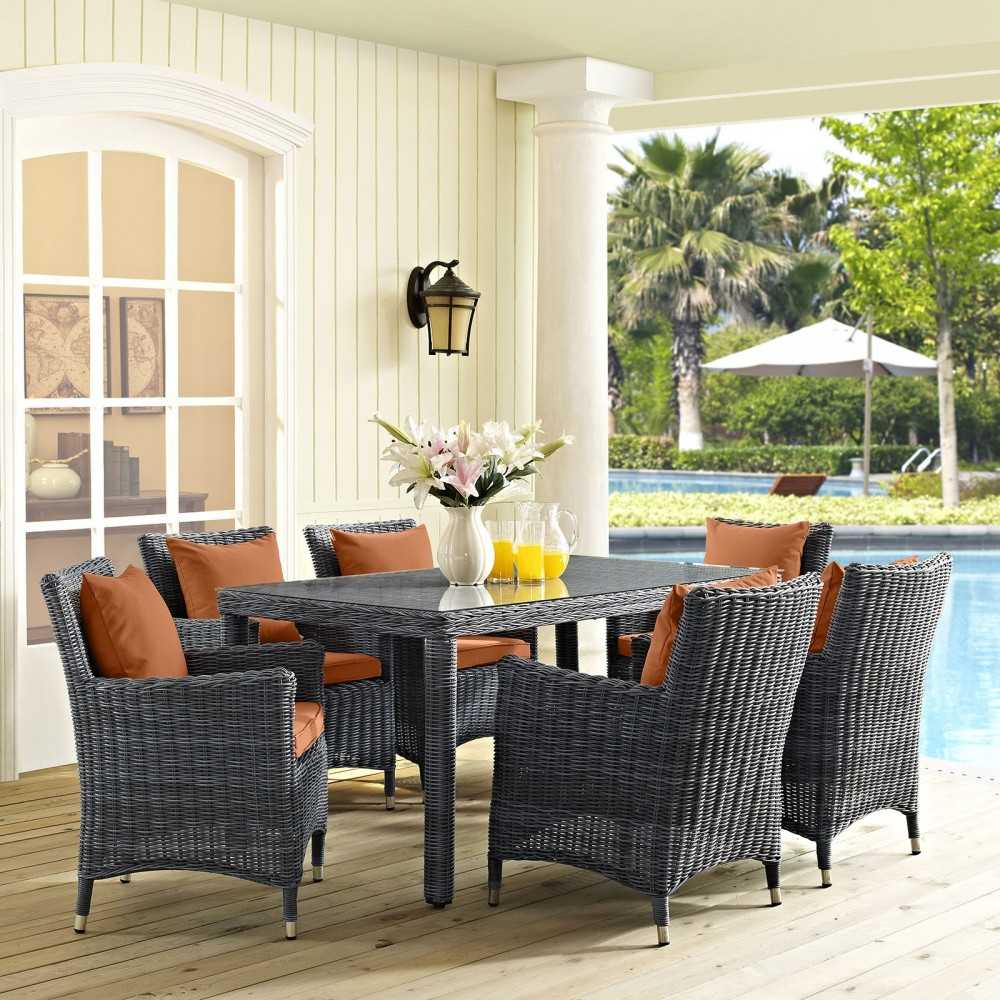 Summon 7 Piece Outdoor Patio Sunbrella Dining Set, Canvas Tuscan