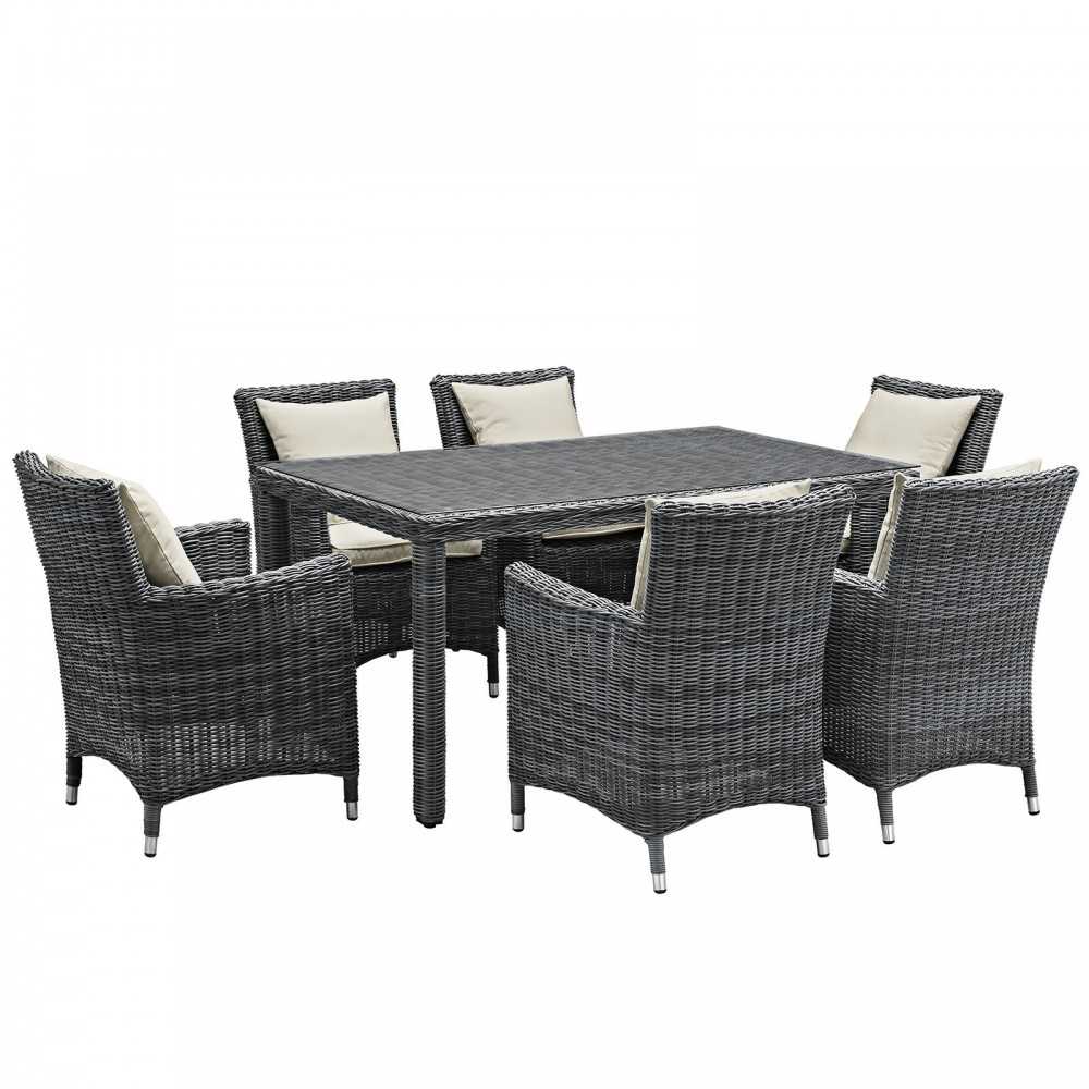 Summon 7 Piece Outdoor Patio Sunbrella Dining Set, Antique Canvas Beige