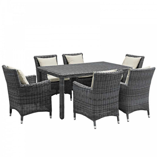 Summon 7 Piece Outdoor Patio Sunbrella Dining Set, Antique Canvas Beige