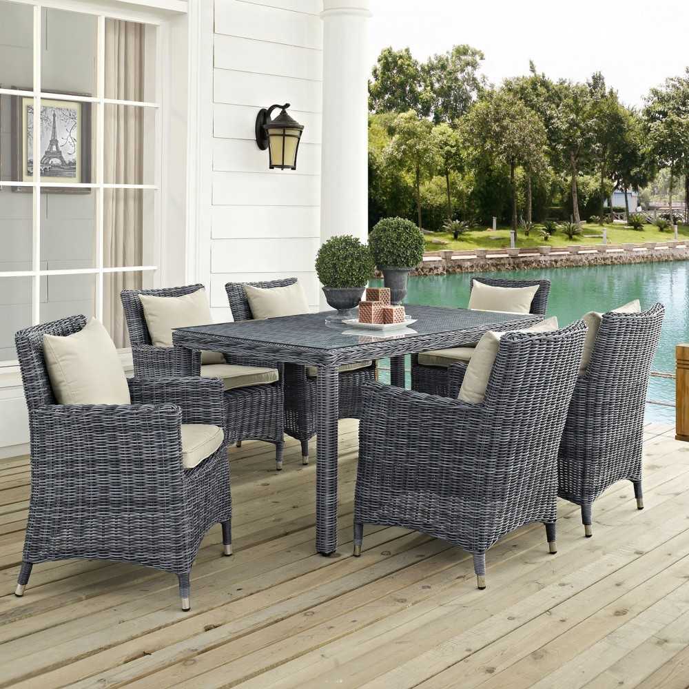 Summon 7 Piece Outdoor Patio Sunbrella Dining Set, Antique Canvas Beige