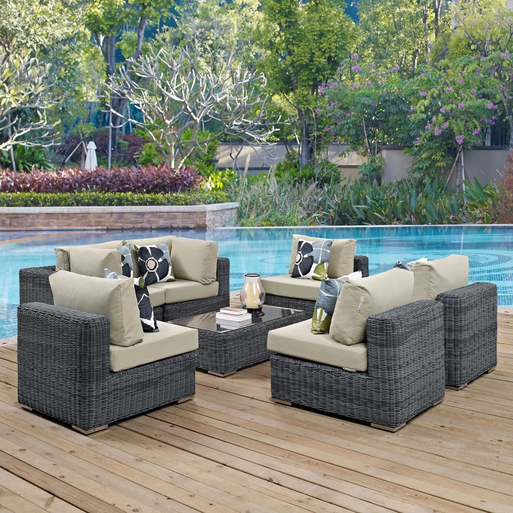 Summon 7 Piece Outdoor Patio Sunbrella Sectional Set, Canvas Antique Beige, EEI-2392-GRY-BEI-SET