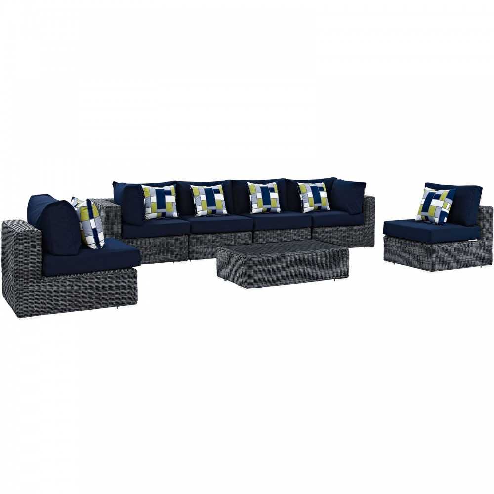 Summon 7 Piece Outdoor Patio Sunbrella Sectional Set, Canvas Navy, EEI-2392-GRY-NAV-SET