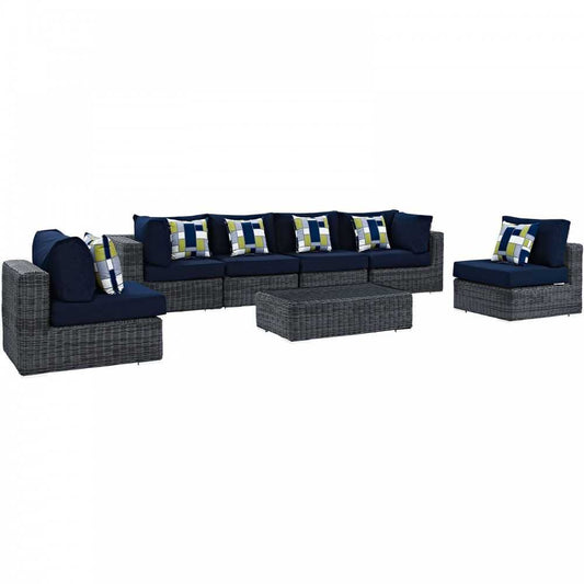 Summon 7 Piece Outdoor Patio Sunbrella Sectional Set, Canvas Navy, EEI-2392-GRY-NAV-SET
