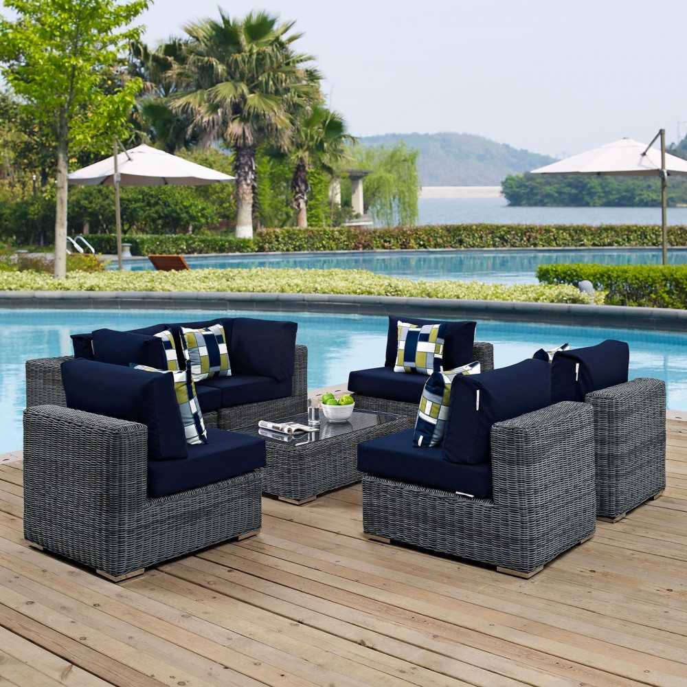 Summon 7 Piece Outdoor Patio Sunbrella Sectional Set, Canvas Navy, EEI-2392-GRY-NAV-SET