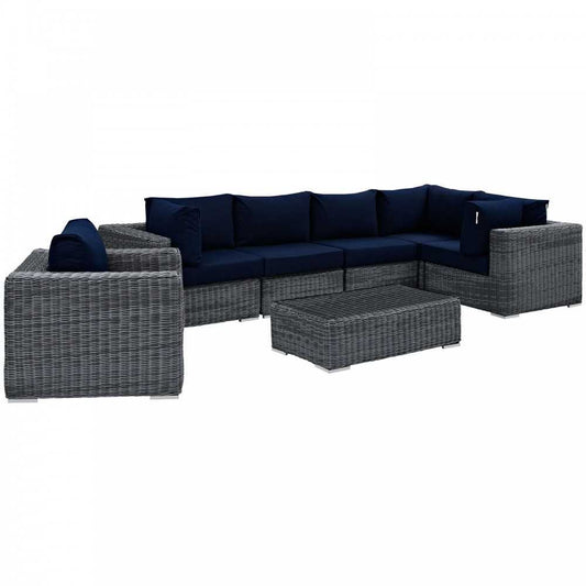 Summon 7 Piece Outdoor Patio Sunbrella Sectional Set, Canvas Navy, EEI-1892-GRY-NAV-SET