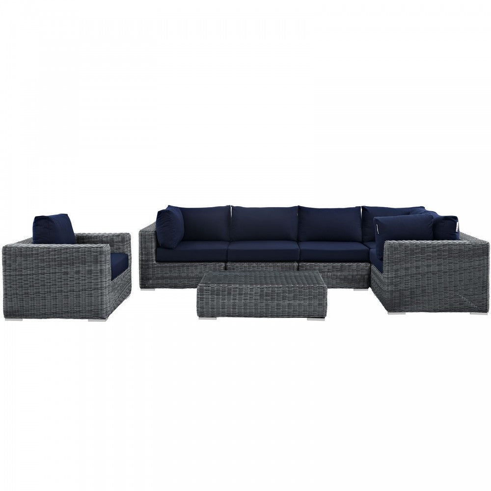 Summon 7 Piece Outdoor Patio Sunbrella Sectional Set, Canvas Navy, EEI-1892-GRY-NAV-SET