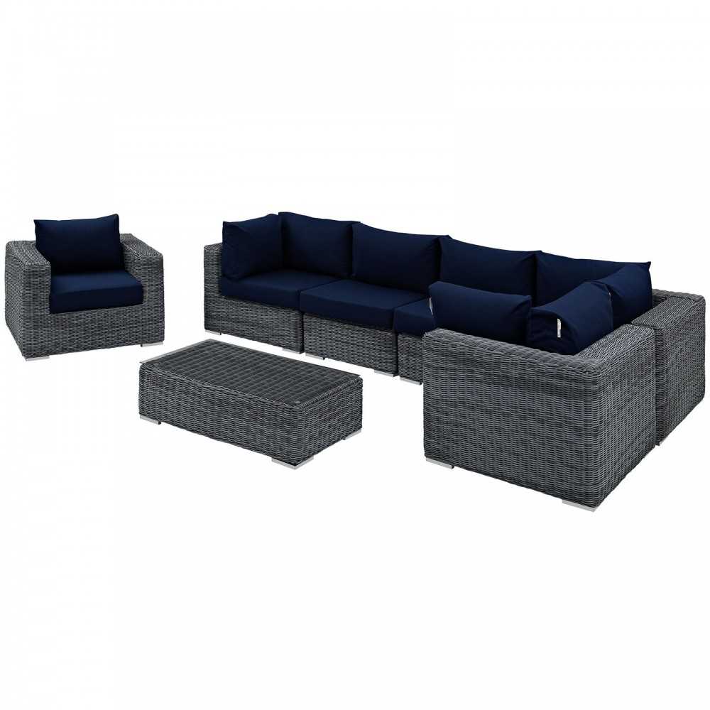 Summon 7 Piece Outdoor Patio Sunbrella Sectional Set, Canvas Navy, EEI-1892-GRY-NAV-SET