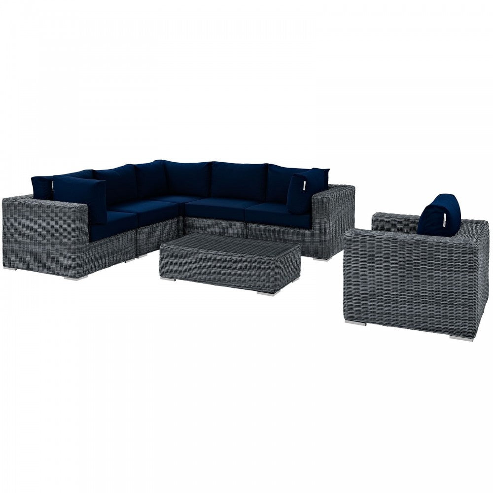 Summon 7 Piece Outdoor Patio Sunbrella Sectional Set, Canvas Navy, EEI-1892-GRY-NAV-SET