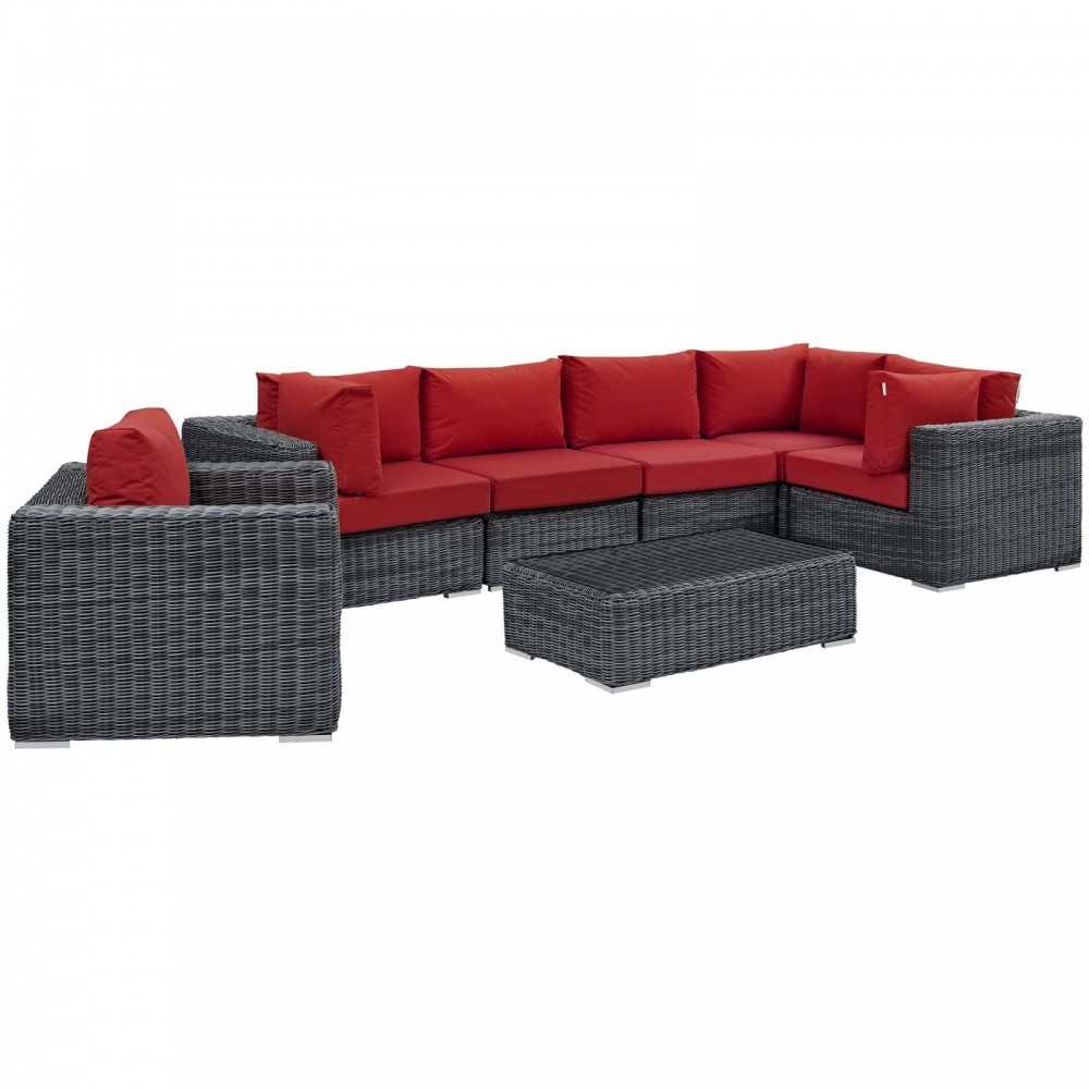 Summon 7 Piece Outdoor Patio Sunbrella Sectional Set, Canvas Red, EEI-1892-GRY-RED-SET