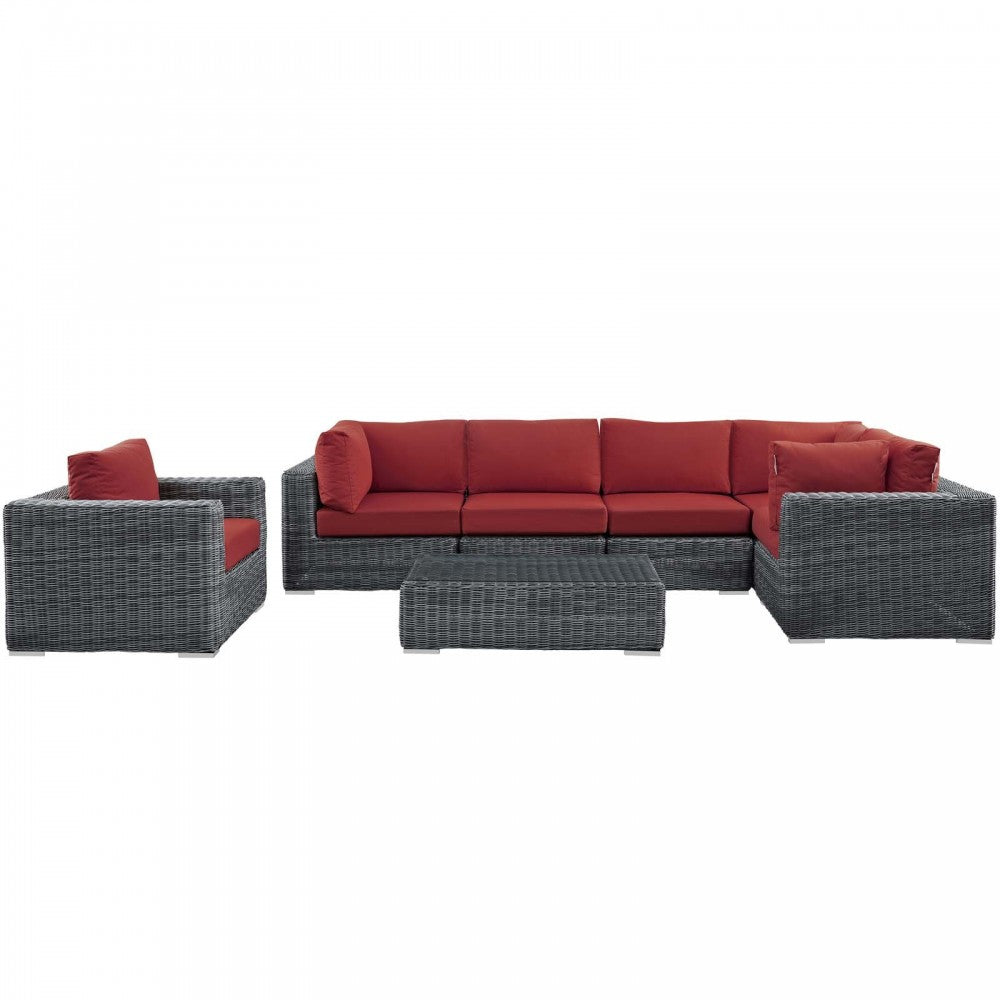 Summon 7 Piece Outdoor Patio Sunbrella Sectional Set, Canvas Red, EEI-1892-GRY-RED-SET