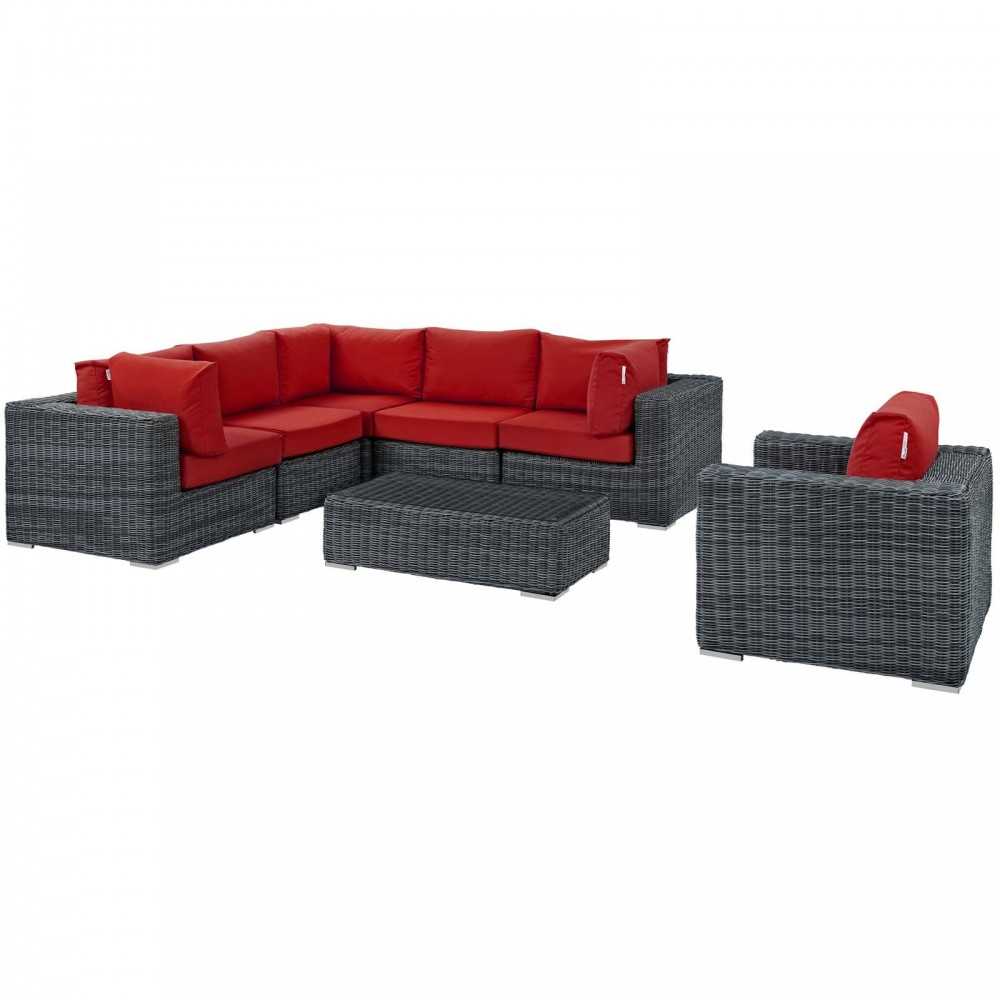Summon 7 Piece Outdoor Patio Sunbrella Sectional Set, Canvas Red, EEI-1892-GRY-RED-SET